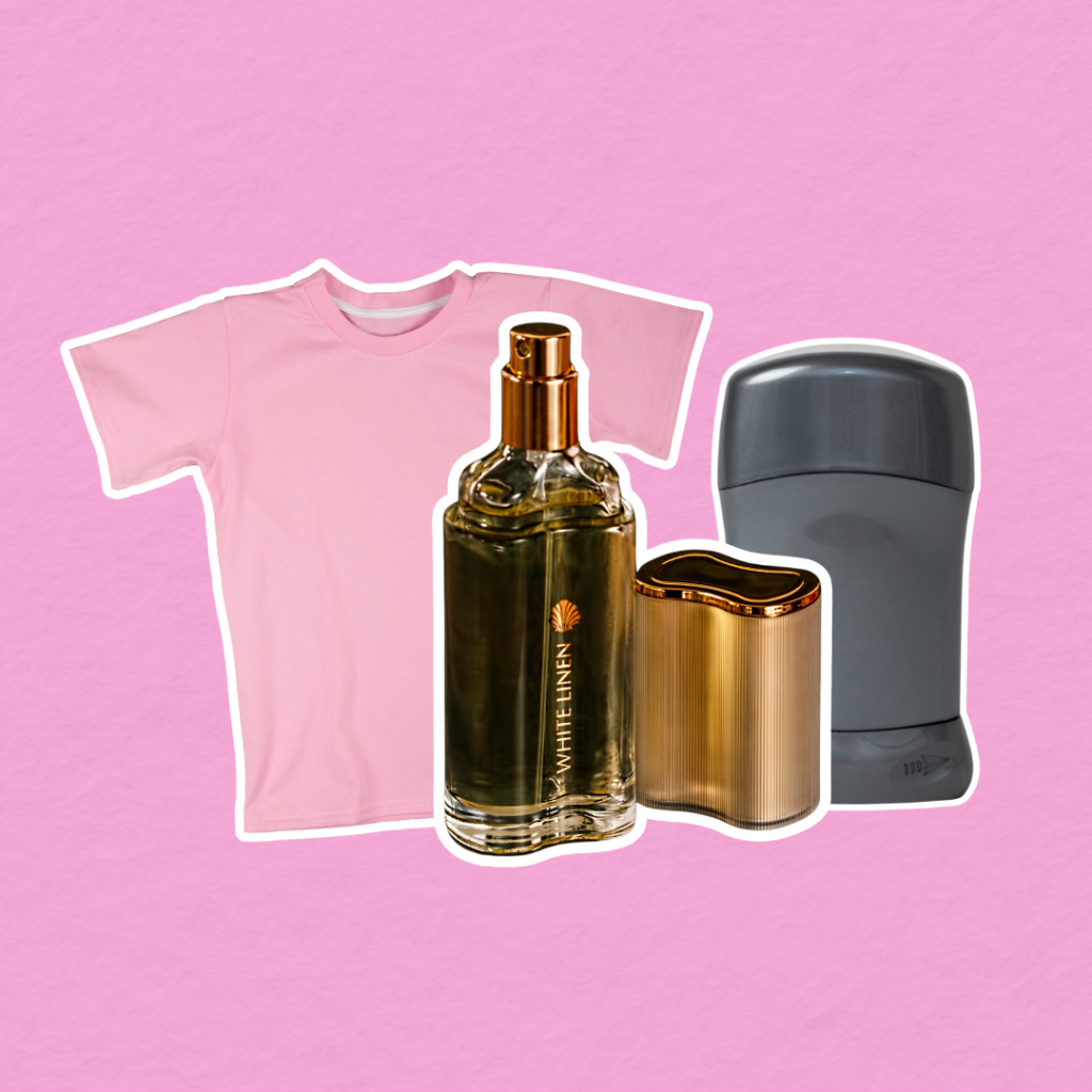 Produits du quotidien comme un flacon de parfum, un déodorant et un t-shirt rose, symbolisant la présence de perturbateurs endocriniens.